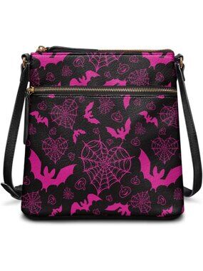 Womens Pink Bat Web Leather Large Hobo Sling Purse Cell Phone Crossbody Bag
